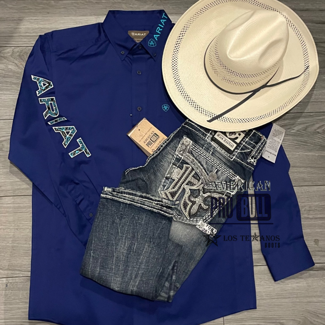 Camisa ariat clasica parahombre azul marino con logo en manga