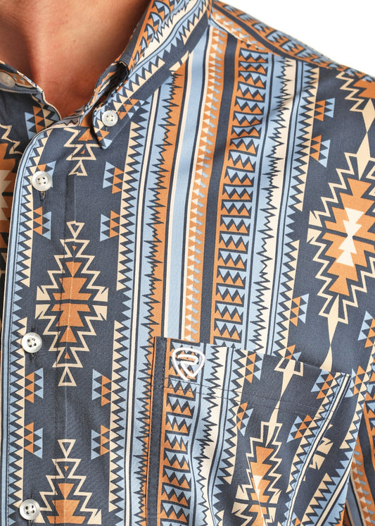 Camisa rock and roll manga corta azul con diseño azteca
