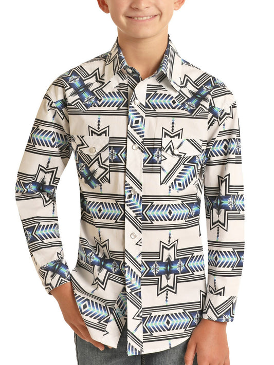 Camisa rock and roll manga larga azul con blanco diseño azteca