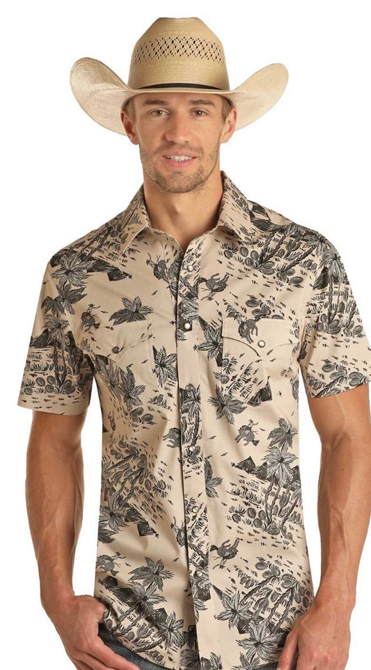 Camisa rock and roll manga corta beige con diseño de palmas