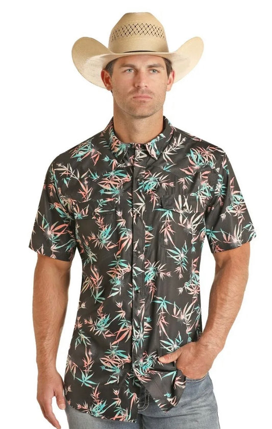 Camisa rock and roll manga corta negro con diseño de palmas