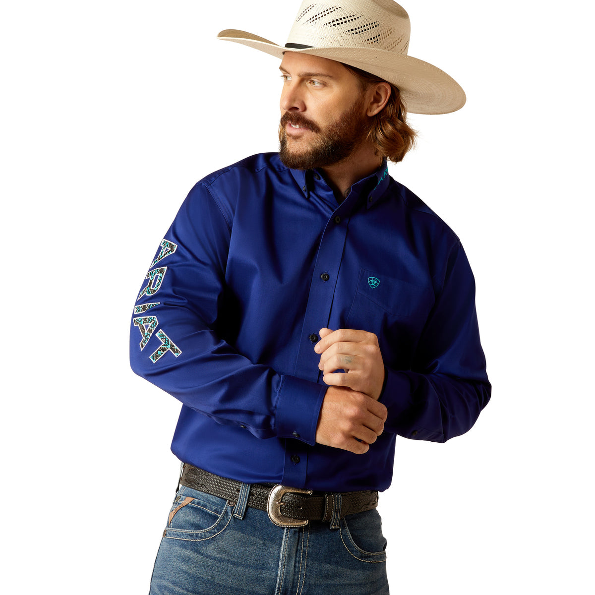 Camisa ariat clasica parahombre azul marino con logo en manga