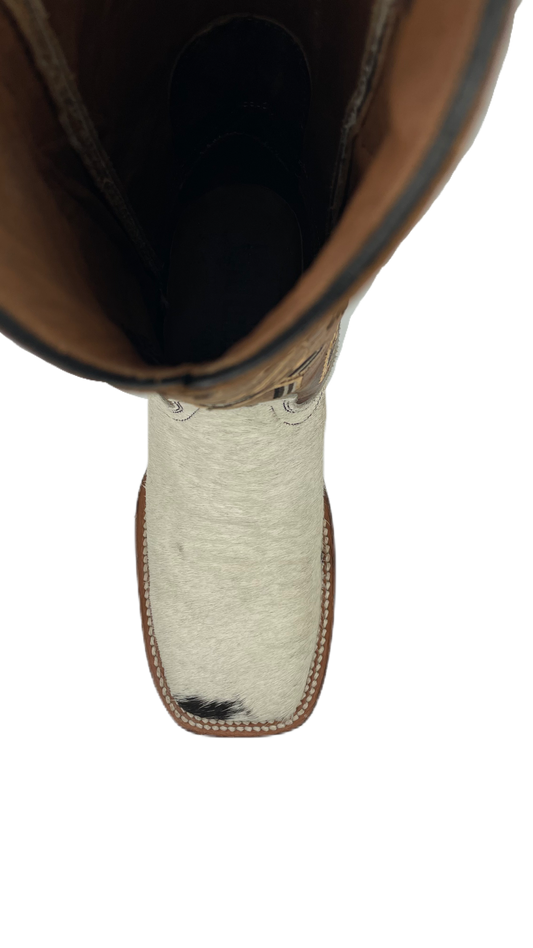 Bota vaquera para dama piel de pelo de vaca blanco con negro