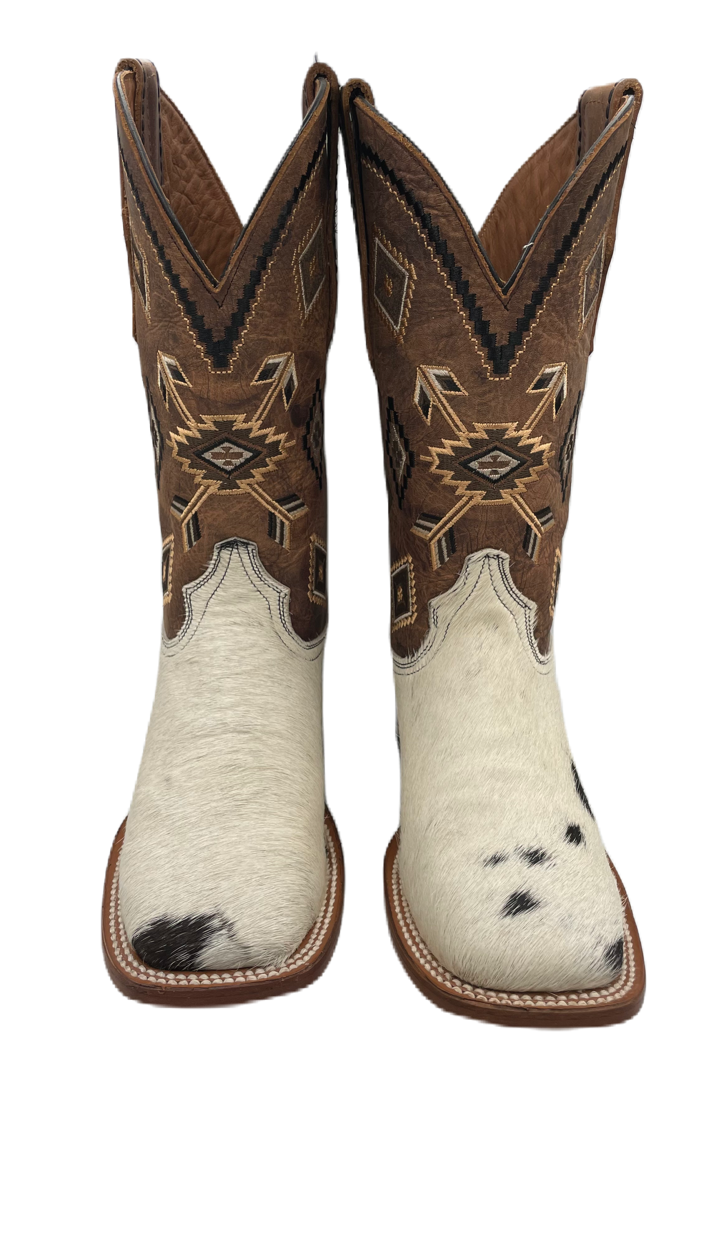 Bota vaquera para dama piel de pelo de vaca blanco con negro
