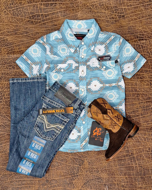 Outfit niño 👦retro azul manga corta