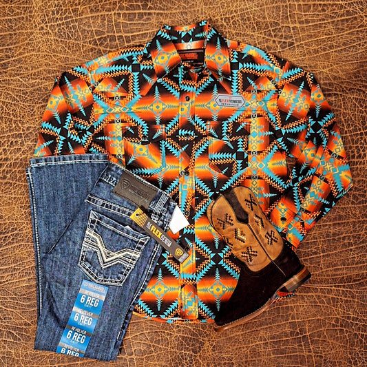 outfit para niño retro negro,naranja