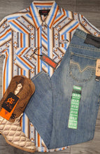 Cargar imagen en el visor de la galería, Outfit  hombre lineas azul,naranja corta
